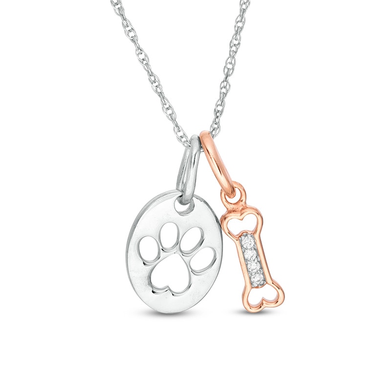Main Image 1 of Diamond Accent Dog Bone and Paw Print Disc Pendant in Sterling Silver and 10K Rose Gold