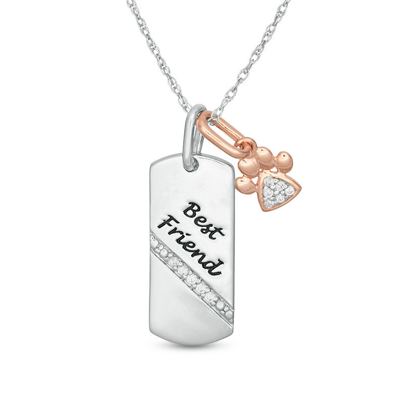 1/15 CT. T.W. Diamond Paw Print  and "Best Friend" Dog Tag Pendant in Sterling Silver and 10K Rose Gold
