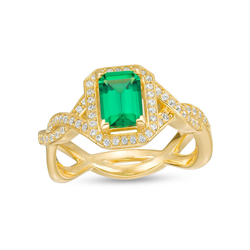 Emerald-Cut Lab-Created Emerald and 1/4 CT. T.W. Diamond Frame Ring in 10K Gold