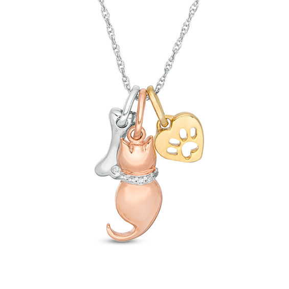 Diamond Accent Dog Bone, Sitting Cat and Paw Print Heart Pendant in Sterling Silver and 14K Two-Tone Gold Plate Diamond Accent Dog Bone, Sitting Cat and Paw Print Heart Pendant in Sterling Silver and 14K Two-Tone Gold Plate
