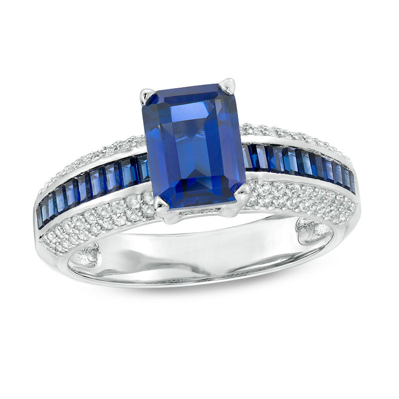 EmeraldCut LabCreated Blue and White Sapphire Ring in Sterling Silver Zales