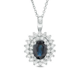 Certified Oval Blue Sapphire and 1/2 CT. T.W. Diamond Starburst Frame Pendant in 14K White Gold