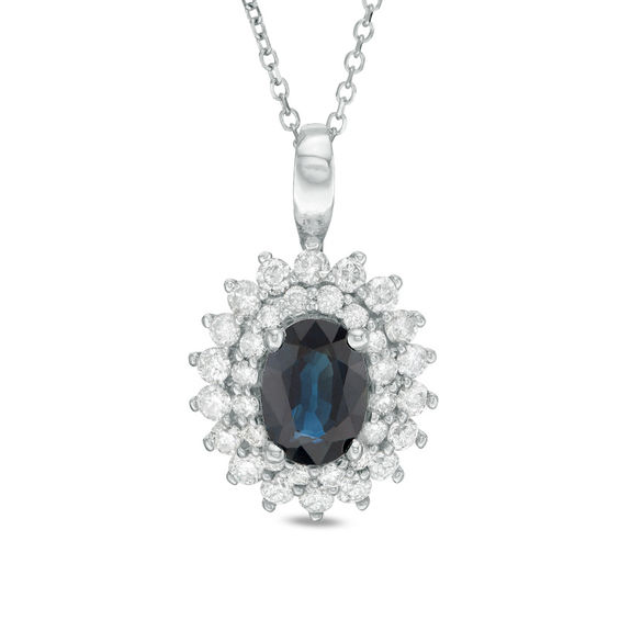 Certified Oval Blue Sapphire and 1/2 CT. T.w. Diamond Starburst Frame Pendant in 14K White Gold