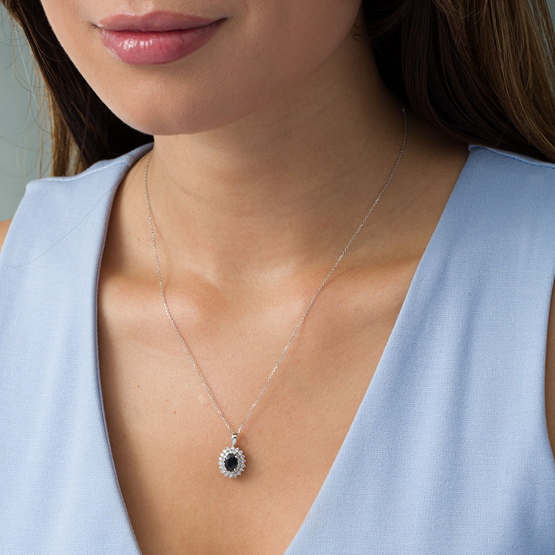 Main Image 2 of Certified Oval Blue Sapphire and 1/2 CT. T.W. Diamond Starburst Frame Pendant in 14K White Gold