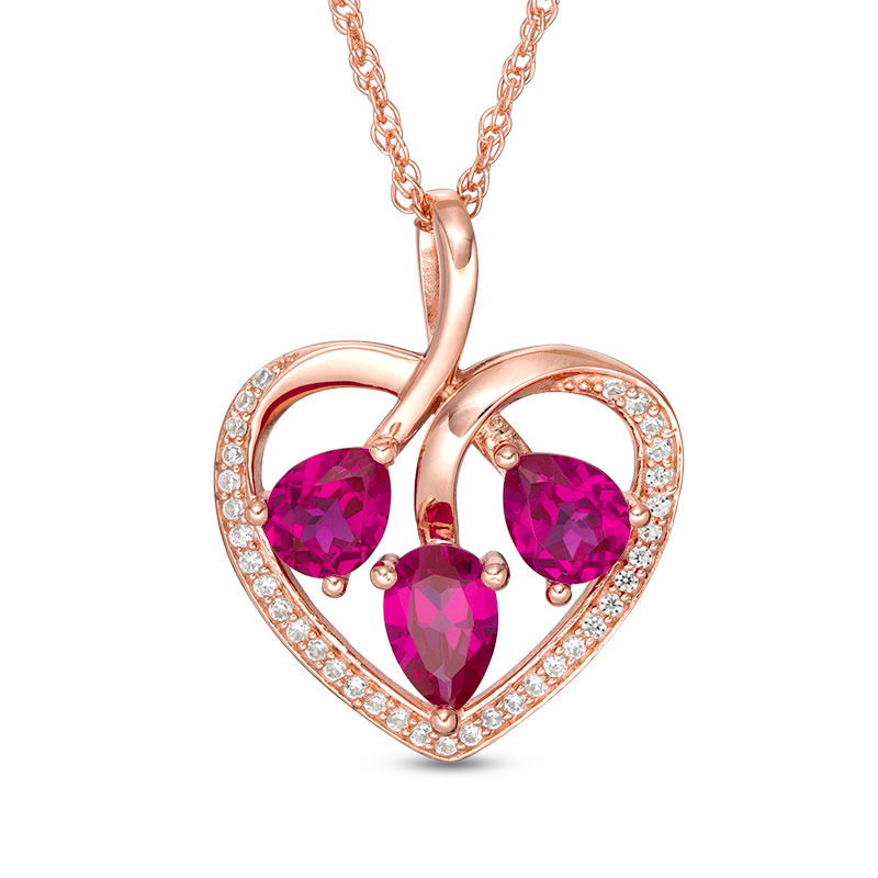 Pear-Shaped Lab-Created Ruby and White Sapphire Three Stone Heart Pendant in Sterling Silver with 14K Rose Gold