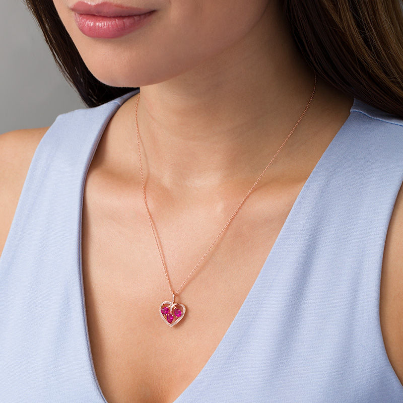 Pear-Shaped Lab-Created Ruby and White Sapphire Three Stone Heart Pendant in Sterling Silver with 14K Rose Gold