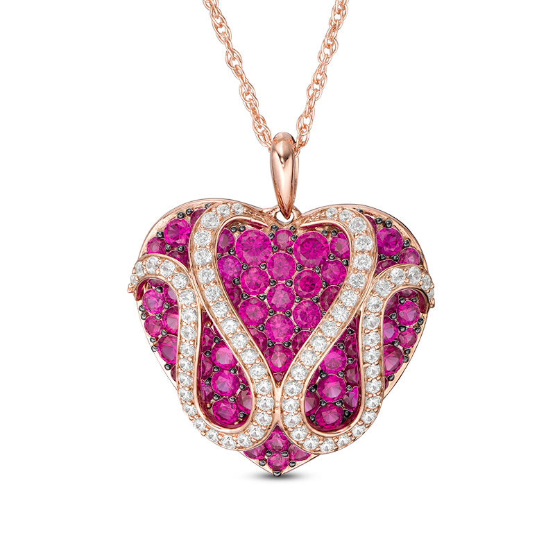 Lab-Created Ruby and White Sapphire Heart Pendant in Sterling Silver with 14K Rose Gold Plate ...