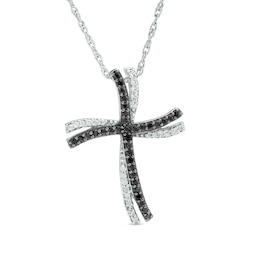 1/5 CT. T.W. Enhanced Black and White Diamond Double Wavy Cross Pendant in 10K White Gold