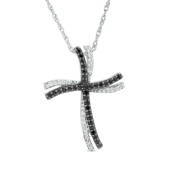 1/5 CT. T.w. Enhanced Black and White Diamond Double Wavy Cross Pendant in 10K White Gold