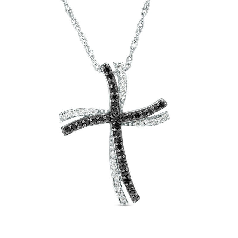Main Image 1 of 1/5 CT. T.W. Enhanced Black and White Diamond Double Wavy Cross Pendant in 10K White Gold