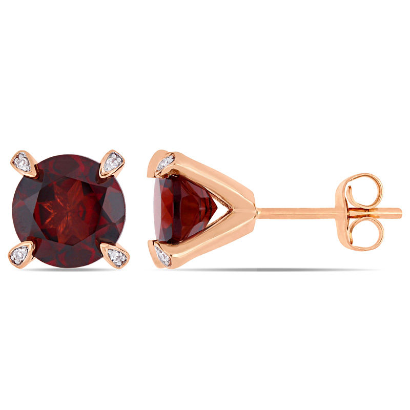 8.0mm Garnet and Diamond Accent Stud Earrings in 10K Rose Gold