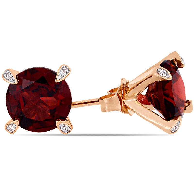 Main Image 3 of 8.0mm Garnet and Diamond Accent Stud Earrings in 10K Rose Gold