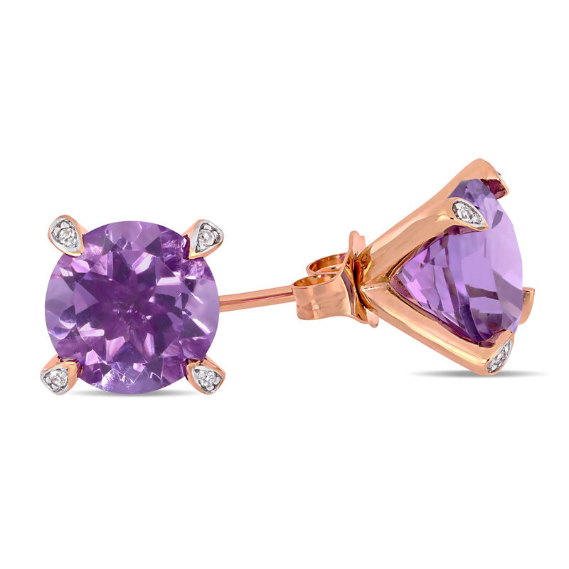 Main Image 3 of 8.0mm Amethyst and Diamond Accent Stud Earrings in 10K Rose Gold