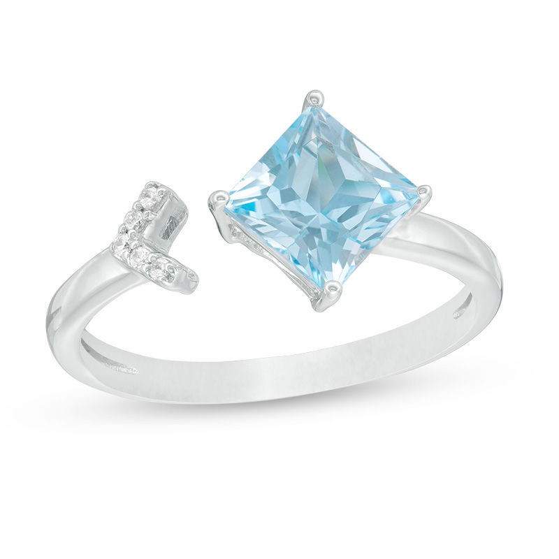 6.0mm Princess-Cut Blue Topaz and Diamond Accent Side Arrow Open Ring in Sterling Silver