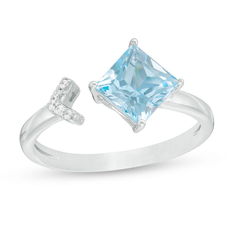 Main Image 1 of 6.0mm Princess-Cut Blue Topaz and Diamond Accent Side Arrow Open Ring in Sterling Silver