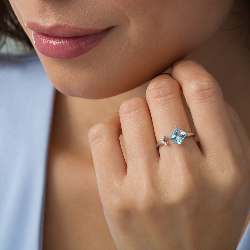 Main Image 2 of 6.0mm Princess-Cut Blue Topaz and Diamond Accent Side Arrow Open Ring in Sterling Silver