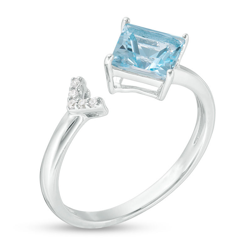 6.0mm Princess-Cut Blue Topaz and Diamond Accent Side Arrow Open Ring in Sterling Silver