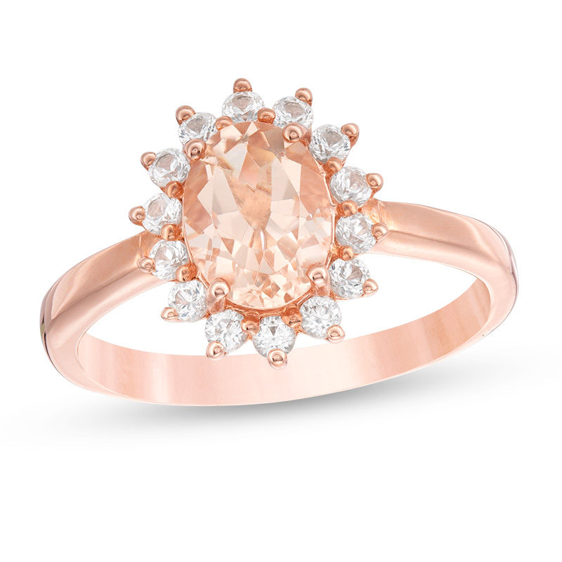 Main Image 1 of Oval Morganite and 1/4 CT. T.W. Diamond Starburst Frame Ring in 10K Rose Gold
