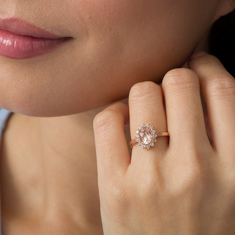 Main Image 2 of Oval Morganite and 1/4 CT. T.W. Diamond Starburst Frame Ring in 10K Rose Gold