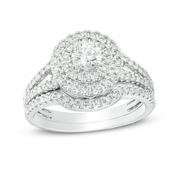 1 CT. T.w. Certified Diamond Double Frame Split Shank Bridal Set in 14K White Gold (I/I1)