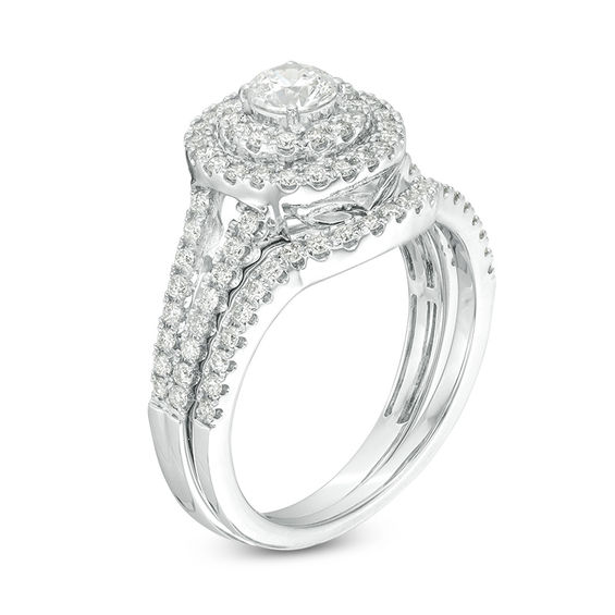 1 CT. T.w. Certified Diamond Double Frame Split Shank Bridal Set in 14K White Gold (I/I1)