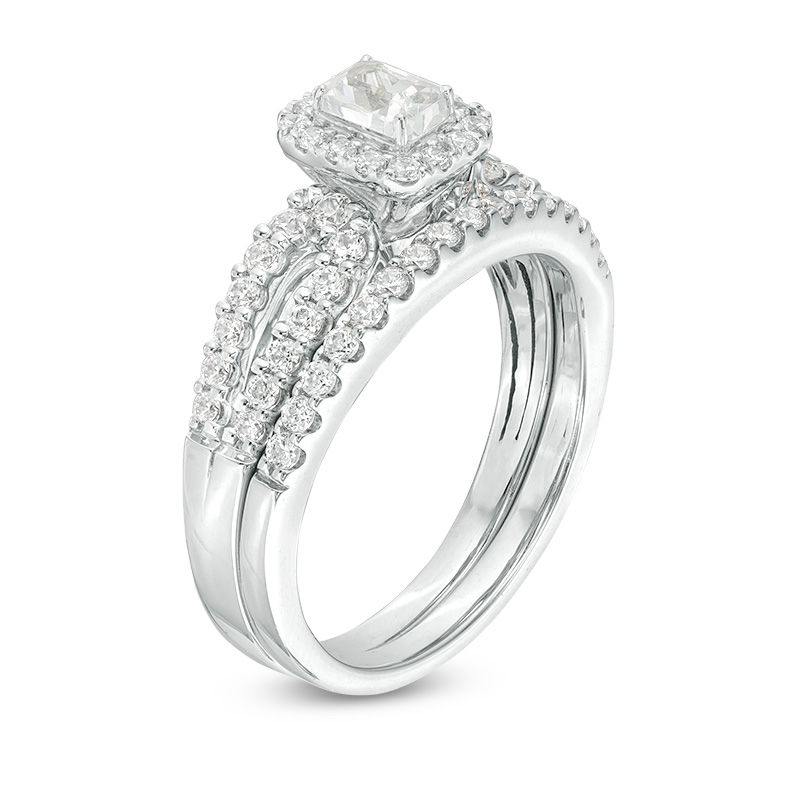 1 CT. T.W. Certified Emerald-Cut Diamond Frame Split Shank Bridal Set in 14K White Gold (I/I1)