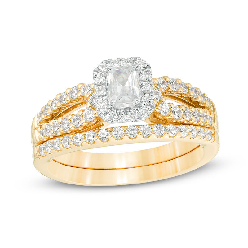 1 CT. T.W. Certified Emerald-Cut Diamond Frame Split Shank Bridal Set in 14K Gold (I/I1)