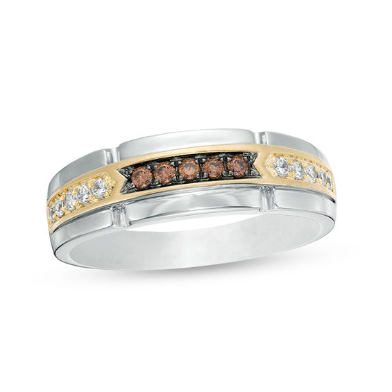 1/3 CT. T.w. Champagne and White Diamond Brick Wedding Band in Sterling Silver and 10K Gold