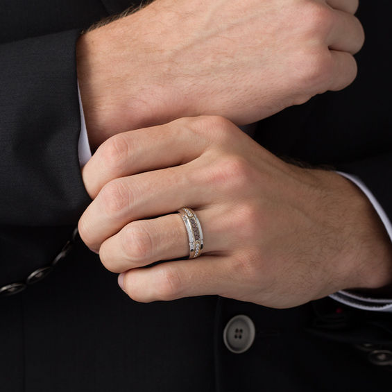 1/3 CT. T.w. Champagne and White Diamond Brick Wedding Band in Sterling Silver and 10K Gold