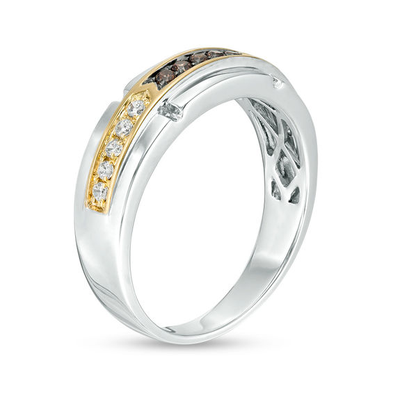 1/3 CT. T.w. Champagne and White Diamond Brick Wedding Band in Sterling Silver and 10K Gold