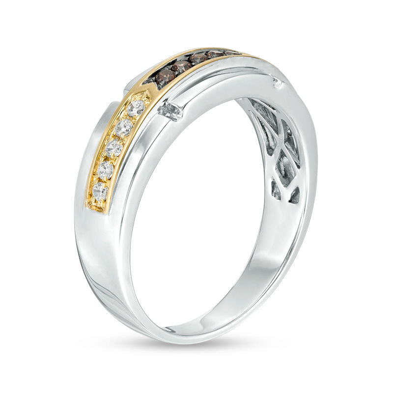 Main Image 3 of 1/3 CT. T.W. Champagne and White Diamond Brick Wedding Band in Sterling Silver and 10K Gold