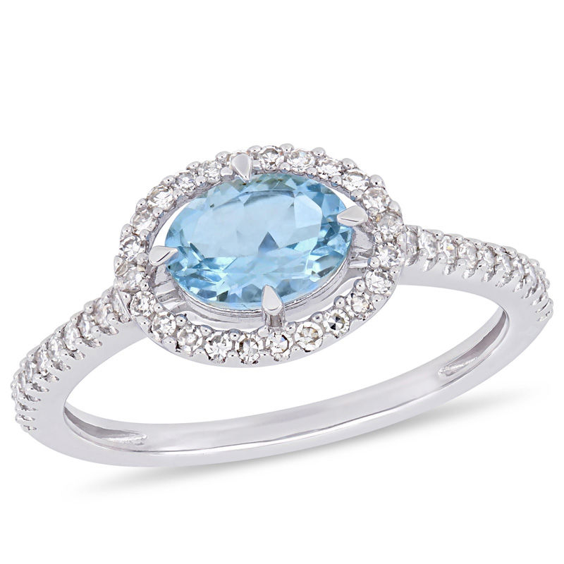 Sideways Oval Aquamarine and 1/4 CT. T.W. Diamond Frame Ring in 10K White Gold