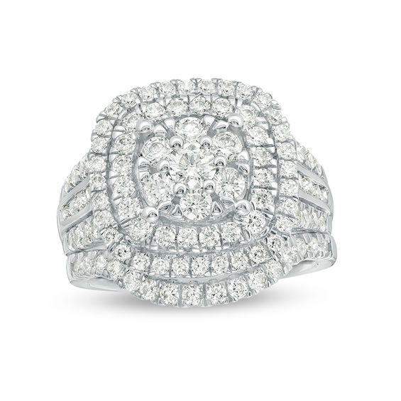 2 CT. T.w. Diamond Triple Cushion Frame Bridal Set in 10K White Gold