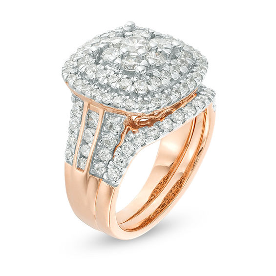 2 CT. T.w. Diamond Triple Cushion Frame Bridal Set in 10K Rose Gold