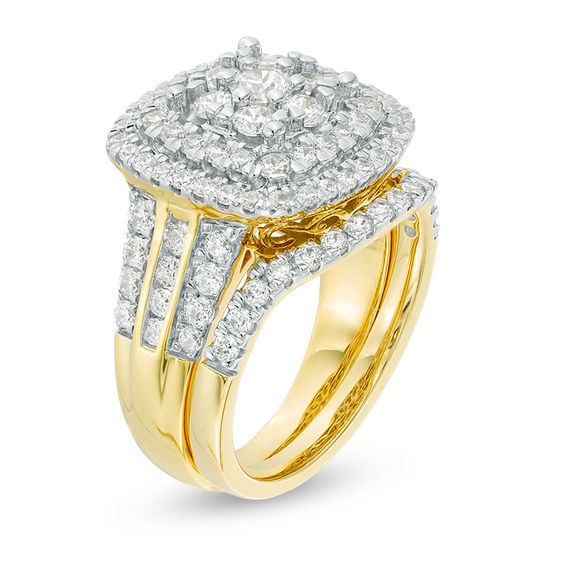 2 CT. T.w. Diamond Triple Cushion Frame Bridal Set in 10K Gold