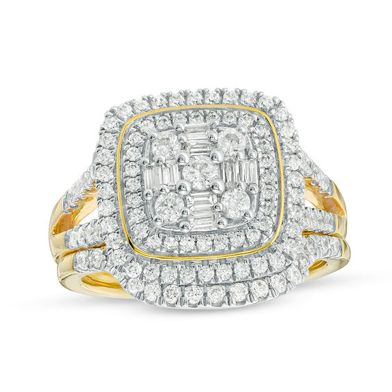 1 CT. T.w. Multi-Diamond Double Cushion Frame Bridal Set in 10K Gold