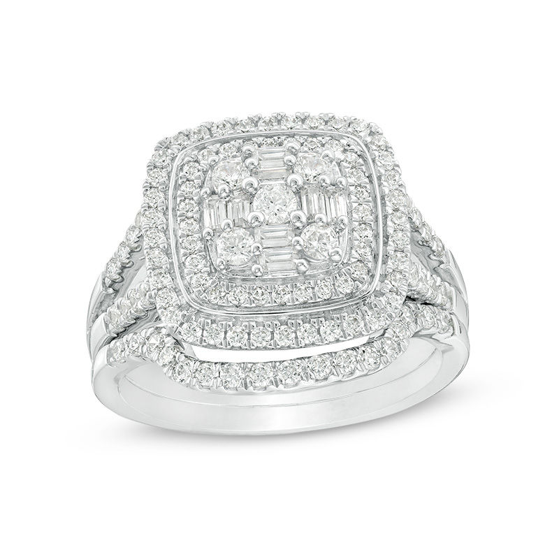 Main Image 1 of 1 CT. T.W. Multi-Diamond Double Cushion Frame Bridal Set in 10K White Gold