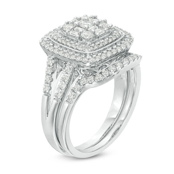 1 CT. T.w. Multi-Diamond Double Cushion Frame Bridal Set in 10K White Gold
