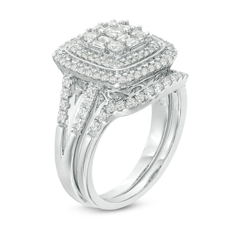 Main Image 2 of 1 CT. T.W. Multi-Diamond Double Cushion Frame Bridal Set in 10K White Gold