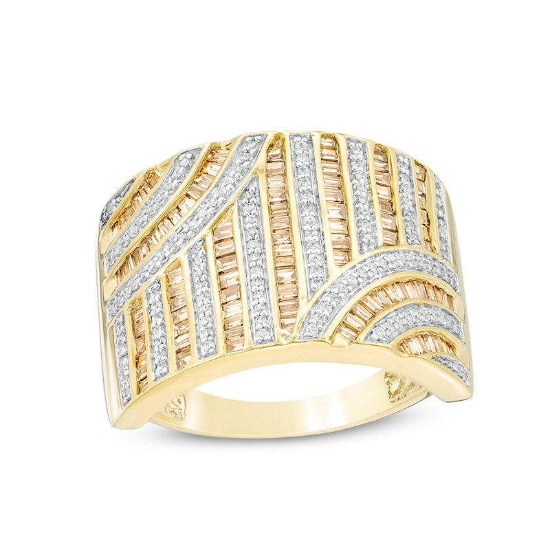 1 CT. T.W. Champagne and White Diamond Art Deco Multi-Row Ring in 10K Gold