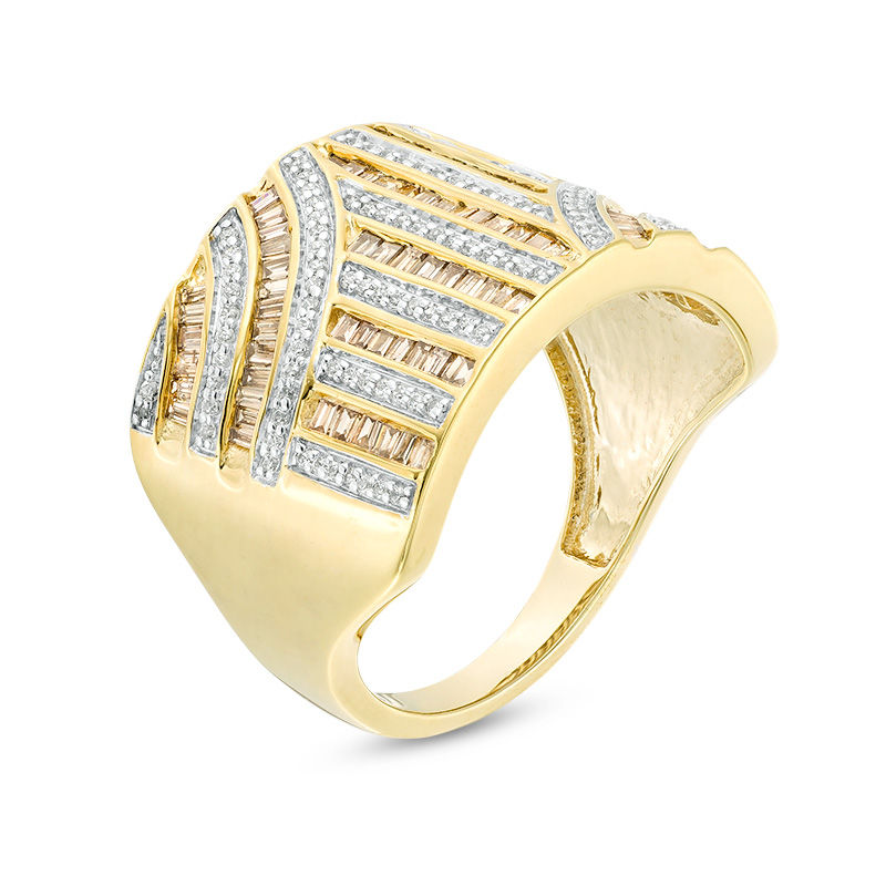 Main Image 2 of 1 CT. T.W. Champagne and White Diamond Art Deco Multi-Row Ring in 10K Gold