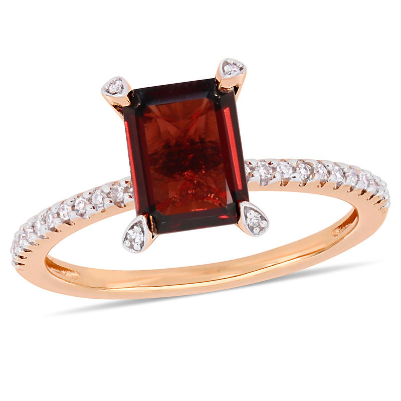 Emerald-Cut Garnet and 1/10 CT. T.W. Diamond Engagement Ring in 10K Rose Gold