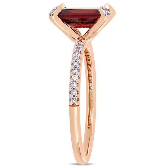 Emerald-Cut Garnet and 1/10 CT. T.w. Diamond Engagement Ring in 10K Rose Gold