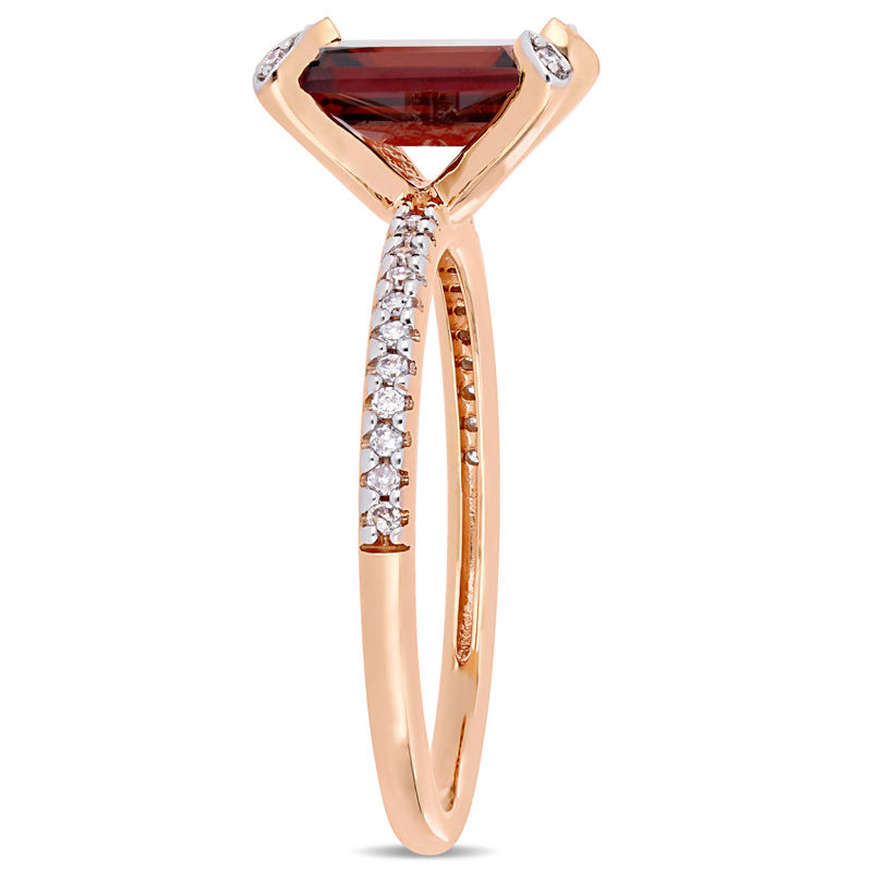 Emerald-Cut Garnet and 1/10 CT. T.W. Diamond Engagement Ring in 10K Rose Gold