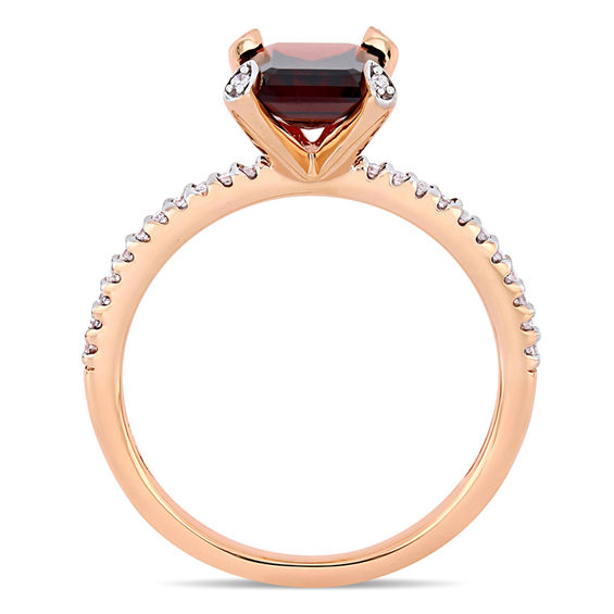 Emerald-Cut Garnet and 1/10 CT. T.w. Diamond Engagement Ring in 10K Rose Gold