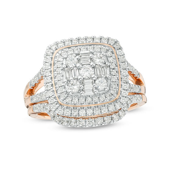1 CT. T.w. Multi-Diamond Double Cushion Frame Bridal Set in 10K Rose Gold