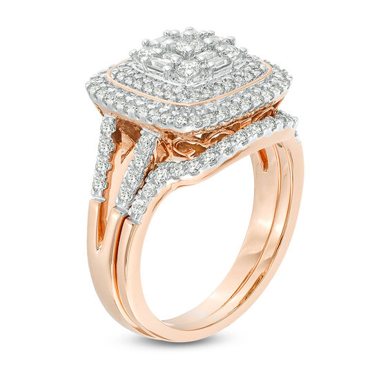 1 CT. T.w. Multi-Diamond Double Cushion Frame Bridal Set in 10K Rose Gold