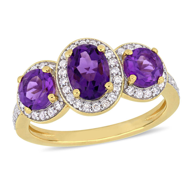 Oval Amethyst and 1/4 CT. T.W. Diamond Three Stone Frame Vintage-Style Ring in Sterling Silver with Yellow Rhodium