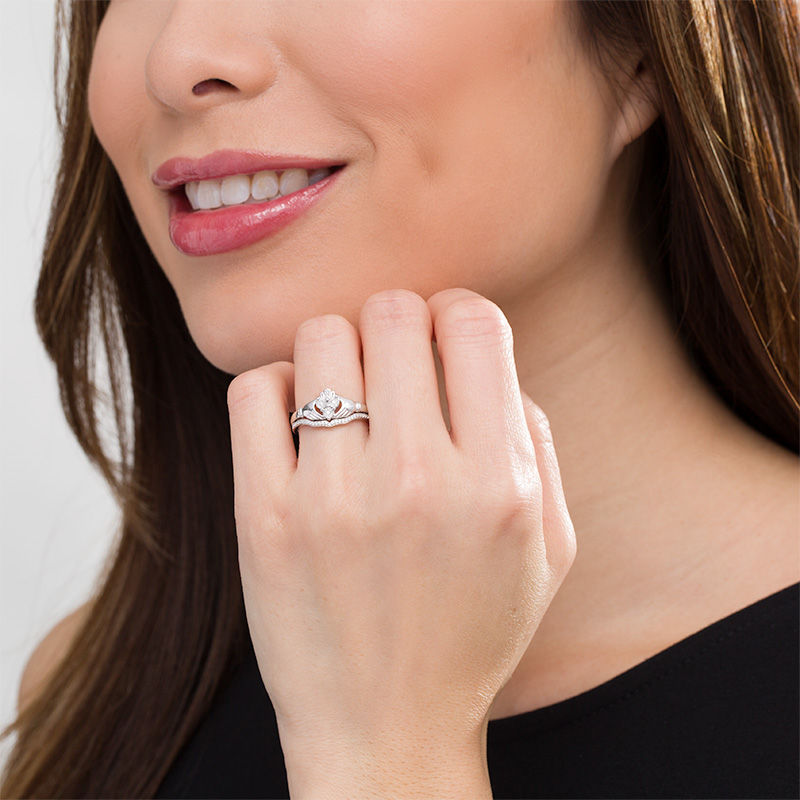 Main Image 2 of 1/10 CT. T.W. Diamond Claddagh Bridal Set in Sterling Silver