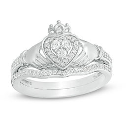1/4 CT. T.W. Composite Diamond Claddagh Bridal Set in 10K White Gold